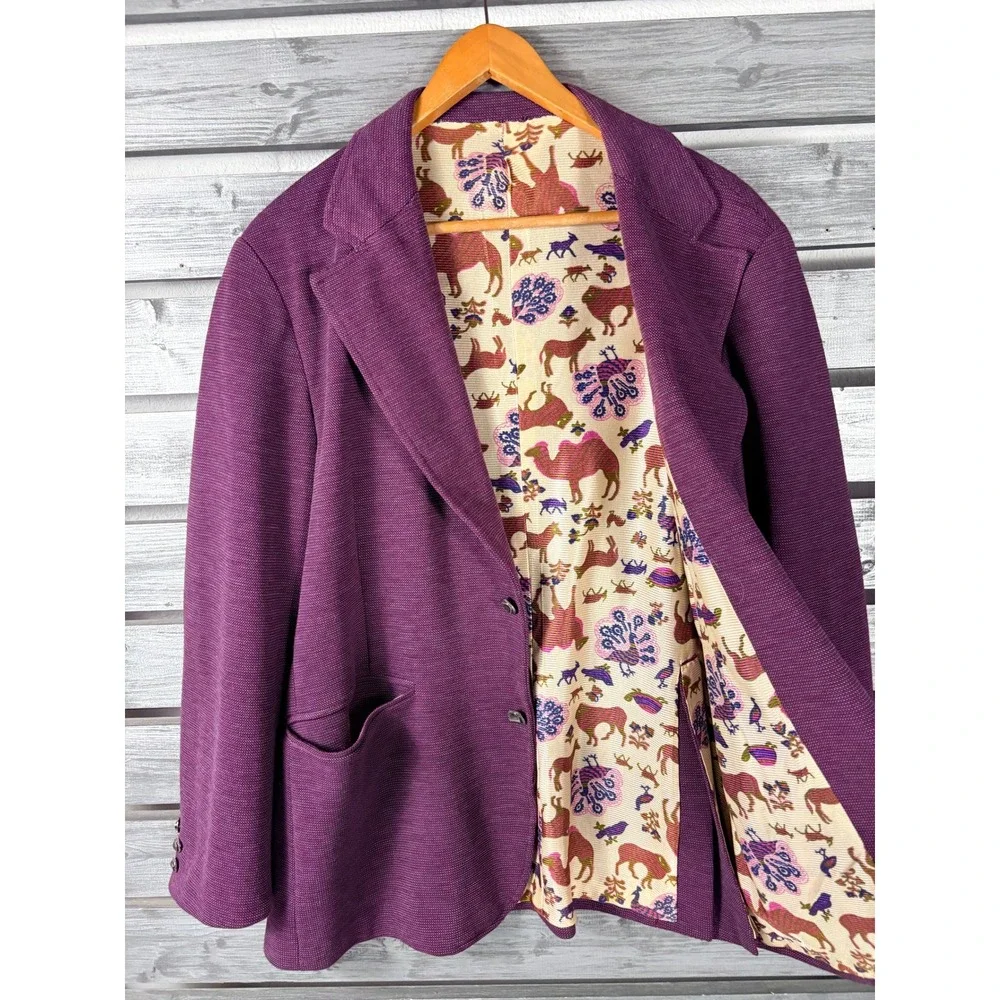 Vintage 70s Handmade Purple Knit Blazer Animal Print Leisure Suit Disco Mens 44